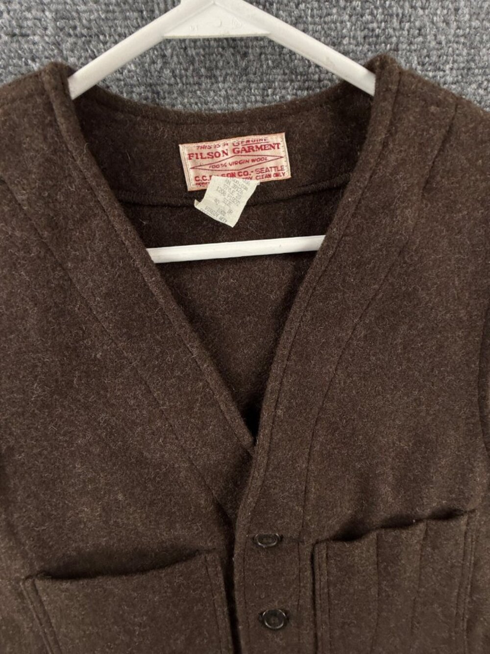 CC Filson Mackinaw Virgin Wool Vest Brown Size 40 Style 20 Pockets Sleeveless - Picture 13 of 15